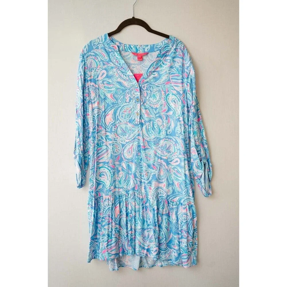 Lilly Pulitzer Charlee Tunic Dress Zanzibar Blue Fish Kiss S paisley beach vaca - Picture 2 of 7